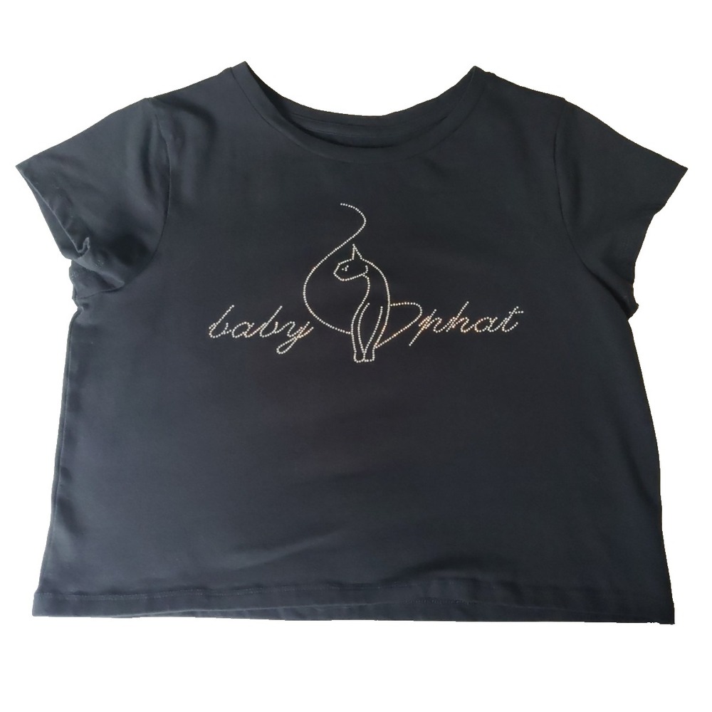 Baby Phat Black Crop Top Women XL Rhinestone Logo Tee T-Shirt Y2K Bling Baddie